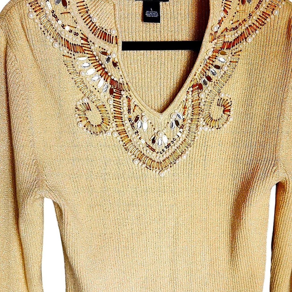 Lauren Michelle, Gold scooped beaded and pearls neckline. Size M - Picture 8 of 11